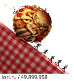 Cholesterol health danger as Junk food eating and dealing with a nutrition medical urgency concept as people running away to avoid an unhealthy diet with a ball made of greasy snacks as hamburgers and french fries with 3D illustration elements. Стоковое фото, агентство Ingram Publishing / Фотобанк Лори