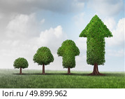 Concept of growing success as a group of trees developing from a small start to a successful finnish as a tree shaped as an arrow with 3D illustration elements as a business metaphor for investment maturity. Стоковое фото, агентство Ingram Publishing / Фотобанк Лори