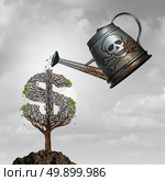 Investment fraud or toxic assets investing concept as a watering can with poison watering a sick dollar or money tree as a financial corruption and fraudulent problem metaphor with 3D illustration elements. Стоковое фото, агентство Ingram Publishing / Фотобанк Лори