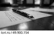 A pen lays atop a blank sheet of paper, ready for writing or drawing. Стоковое AI-изображение, AI-художник Данила Большаков / Фотобанк Лори