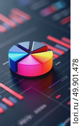 A 3D icon of a pie chart with glowing segments in corporate colors, hovering over a sleek dashboard, data visualization style. Стоковое AI-видео, аниматор Sergey Grishin / Фотобанк Лори