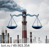 Environmental law symbol as an industrial smoke stack shaped as a justice scale as a metaphor for pollution regulations and clean air legislation with 3D illustration elements. Стоковое фото, агентство Ingram Publishing / Фотобанк Лори