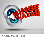 Binge watch concept and watching consecutive cable episodes of a television or TV series or multiple movie on demand as a marathon viewing of video media as a 3D illustration of a human eye ball shaped as a mouth binging and biting into text. Стоковое фото, агентство Ingram Publishing / Фотобанк Лори