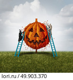 Pumpkin tree concept with a witch and mummy monster trimming an orange jack o lantern plant as a halloween celebration symbol for a festive autumn tradition with 3D illustration elements. Стоковое фото, агентство Ingram Publishing / Фотобанк Лори
