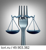 Food law and legal regulations concept with a kitchen fork shaped as a scale of justice as a symbol for nutrition inspection or eating legislation rules as a 3D illustration. Стоковое фото, агентство Ingram Publishing / Фотобанк Лори