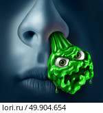 Mucus snot concept as a runny nose with green liquid shaped as a contagious monster dripping out of a nostril as a medical illness symbol for sinus or nasal infection with 3D illustration elements. Стоковое фото, агентство Ingram Publishing / Фотобанк Лори