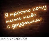 Я просто хочу пить пиво с друзьями. Неоновая вывеска на кирпичном фоне. Стоковое фото, фотограф Евгений Ткачёв / Фотобанк Лори