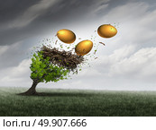 Retirement fund crisis concept as a tree in peril with a nest and gold eggs falling out during a destructive thunder storm as a metaphor for financial investment problems for retiring seniors or financial debt stress symbol with 3D illustration elements. Стоковое фото, агентство Ingram Publishing / Фотобанк Лори