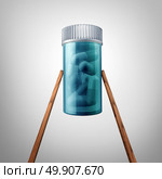 Asian medicine symbol as oriental chopsticks holding hollistic supplements symbol or pharmaceutical prescription drugs as an icon for eatern medication and traditional healing healthcare from asia as a 3D illustration. Стоковое фото, агентство Ingram Publishing / Фотобанк Лори