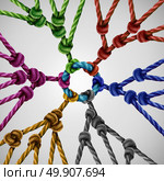 Team groups network as individual diverse teams coming together connected to a central point as an abstract communication concept with linked ropes of different colors as a metaphore for social connection. Стоковое фото, агентство Ingram Publishing / Фотобанк Лори