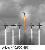 Great outstanding Businessman concept as a group of jet airplanes flying upward with a person blasting ahead with a rocket boost as a power metaphor for energetic business or personal stamina and inner energy with 3D illustration elements. Стоковое фото, агентство Ingram Publishing / Фотобанк Лори