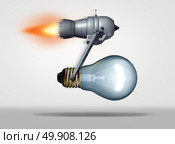 Creative focus concept as a jet or rocket engine moving a light bulb forward as a business motivation metaphor for creative speed success and quick delivery of ideas as a 3D illustration. Стоковое фото, агентство Ingram Publishing / Фотобанк Лори