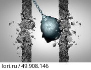 Change thinking concept as a wrecking ball shaped as a human head destroying boundaries and limitations as a business metaphor for transformative intelligence or medical migraine pain and headache symbol with 3D illustration elewments. Стоковое фото, агентство Ingram Publishing / Фотобанк Лори