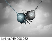 Destructive competition business concept as two wrecking balls colliding together resulting in smashed breakup as a rivalry struggle metaphor as a 3D illustration. Стоковое фото, агентство Ingram Publishing / Фотобанк Лори