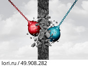 Breaking down walls together with two heavy wrecking ball equipment destroying a solid cement obstacle as a bipartisan metaphor for team agreement and demolishing relationship barriers or a business symbol with 3D illustration elements. Стоковое фото, агентство Ingram Publishing / Фотобанк Лори