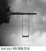 Lying to children and trust psychology of lies to kids concept as a playground child swing hanging from a long nose from a lier adult or parent as an indoctrination or brainwashing symbol with 3D illustration elements. Стоковое фото, агентство Ingram Publishing / Фотобанк Лори