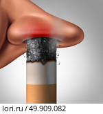Breathing cigarette smoke and passive smoking health danger concept as a burning tobacco product inside the nostril of a human nose with 3D illustration elements. Стоковое фото, агентство Ingram Publishing / Фотобанк Лори