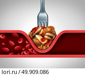 Poor circulation food and cause of clogged artery or human vein as a fork with greasy fast food causing narrowing of arteries blocking blood flow to the human heart and organs with 3D illustration elements. Стоковое фото, агентство Ingram Publishing / Фотобанк Лори