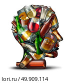 Alcohol psychology and alcoholism concept as a group of beer wine and hard liquor glasses shaped as a a human head as a symbol for an alcoholic disorder and addiction as a 3D illustration. Стоковое фото, агентство Ingram Publishing / Фотобанк Лори