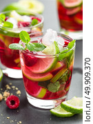 Raspberry mojito cocktail with lime, mint and ice, cold refreshing drink. Стоковое фото, агентство Ingram Publishing / Фотобанк Лори