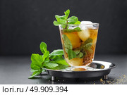 Mint Julep cocktail with bourbon, ice and mint in glass on black background. Стоковое фото, агентство Ingram Publishing / Фотобанк Лори