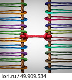 Connected teams concept as two groups of ropes linked and tied together as a metaphor for mediation between two networks or cooperation unity. Стоковое фото, агентство Ingram Publishing / Фотобанк Лори