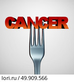 Cancer causing food concept as a medical symbol of the dangers of eating certain carcinogenic meals or eating ingredients contaminated with radiation as a fork plunging into text as a 3D illustration. Стоковое фото, агентство Ingram Publishing / Фотобанк Лори