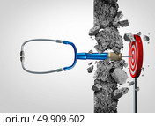 Health care success medical research breakthrough and medicine discovery as a doctor stethoscope shaped as a stethoscope breaking a wall to find a target as a cure metaphor with 3D illustration elements. Стоковое фото, агентство Ingram Publishing / Фотобанк Лори