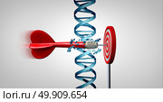 Genetic breakthrough and medical gene therapy treatment discovery concept as a dart hitting a target by breaking a double helix representing genes as a 3D illustration. Стоковое фото, агентство Ingram Publishing / Фотобанк Лори