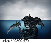 Death is looming concept or health risk and unknowingly have a false sense of security as a symbol in a 3D illustration style with a person standing on an island that is secretly a grim reaper underwater. Стоковое фото, агентство Ingram Publishing / Фотобанк Лори