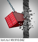 Trade barrier concept and breaking economic sanctions or opening new export and import markets as a freight container breaking an obstacle wall with 3D illustration elements. Стоковое фото, агентство Ingram Publishing / Фотобанк Лори