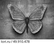 Blending in concept or conformig to surroundings and adapting to new environment as a butterfly on a wall with camouflage texture to hide from predators with 3D illusrtration elements. Стоковое фото, агентство Ingram Publishing / Фотобанк Лори