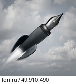 Creative power concept as a pen nib shaped as a fast launched rocket as a business or education metaphor for inspiration and achievement with 3D illustration elements. Стоковое фото, агентство Ingram Publishing / Фотобанк Лори