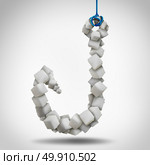 Hooked on sugar and tempted by a group of sweet cubes of sweetener shaped as a hook as a health and diet symbol for the risk of  diabetes and obesity eating sugary food with 3D illustration elements. Стоковое фото, агентство Ingram Publishing / Фотобанк Лори
