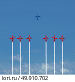 Successful under the radar as a cunning business strategy to surpass the competition in a strategic way as a group of air shoe planes with smoke trails and an individual stealthy jet winning with 3D illustration elements. Стоковое фото, агентство Ingram Publishing / Фотобанк Лори