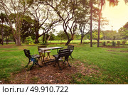 Park benches, nature resting benches in the evening. Стоковое фото, агентство Ingram Publishing / Фотобанк Лори