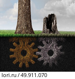 Economic crisis and business partnership death as an industry and economy symbol for a declining work relationship as a dieing tree and roots shaped as a gear with 3D illustration elements. Стоковое фото, агентство Ingram Publishing / Фотобанк Лори