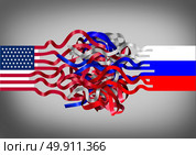 Russia United States crisis as an American flag entangled with a russian symbol as a political and diplomatic challenge concept as a 3D illustration. Стоковое фото, агентство Ingram Publishing / Фотобанк Лори