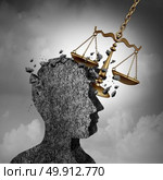 Litigation and lawsuit stress concept as a lawyer or attorney metaphor and plaintiff anxiety symbol as a law scale damaging a human icon as an impact due to legal issues of the courts or being sued and investigated as a 3D illustration. Стоковое фото, агентство Ingram Publishing / Фотобанк Лори