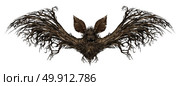 Ghost bat isolated on a white background as a creepy scary surreal flying winged creature made from a tree as a spooky surrealistic vampire horror symbol or halloween icon with 3D illustration elements. Стоковое фото, агентство Ingram Publishing / Фотобанк Лори