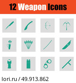 Set of twelve weapon icons. Set of twelve weapon icons. Green on gray design. Vector illustration. Стоковая иллюстрация, агентство Ingram Publishing / Фотобанк Лори