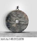 Managing obsolete technology and working on an outdated antiquated business model as a businessman running on a stone wheel as a lack of innovation metaphor in a 3D illustration style. Стоковое фото, агентство Ingram Publishing / Фотобанк Лори