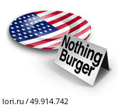 Political nothing burger or nothingburger phrase concept as an empty plate with an American flag representing fake news investigation or insignificant media information that lacks substance or guilt as a politics hoax 3D illustration. Стоковое фото, агентство Ingram Publishing / Фотобанк Лори
