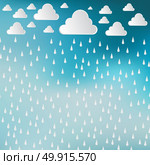 Paper cut white clouds and rain drops on blue sky background. Rainy day. Vector Illustration background 	. Стоковая иллюстрация, агентство Ingram Publishing / Фотобанк Лори