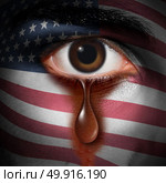 Racism in America and bigotry in the USA concept as the tear of an American minority washing away a flag of the United States painted on a face as a civil rights and discrimination metaphor in a 3D illustration style. Стоковое фото, агентство Ingram Publishing / Фотобанк Лори