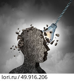 Concept Of Brainstorming and racking your brains idea as a human head made of cement or concrete being demolished by an illuminated lightbulb or light bulb as a thinking and intelligence metaphor with 3D illustration elements. Стоковое фото, агентство Ingram Publishing / Фотобанк Лори