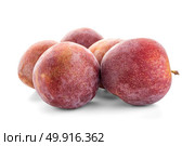 Side view of red ripe plums fruits isolated on white background. Стоковое фото, агентство Ingram Publishing / Фотобанк Лори