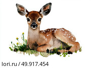 Fawn Resting Among Grass and Flowers on a Sunny Day in a Natural Setting. Стоковое AI-изображение, AI-художник Юлия Гапеенко / Фотобанк Лори