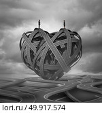 Find Love and a complicated romantic relationship concept as a man and woman on a group of road paths shaped as a heart as a dating or marriage symbol with 3D illustration elements. Стоковое фото, агентство Ingram Publishing / Фотобанк Лори