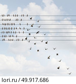 Starting a company recruiting a business team as a growing membership joining together as birds on a wire with a group of recruits adding to the organization with 3D illustration elements. Стоковое фото, агентство Ingram Publishing / Фотобанк Лори